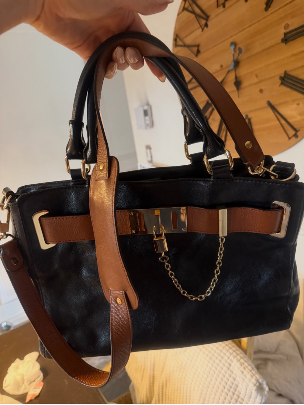 Mario Serrani Black and Brown Two-Tone Leather Satchel